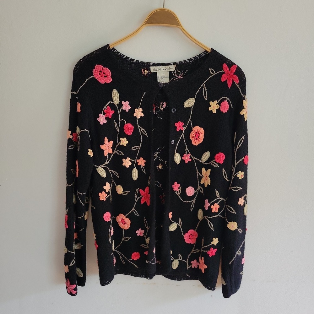 Vintage David Brooks Embroidered Cardigan Large Linen Rayon Knit Button Up Boho